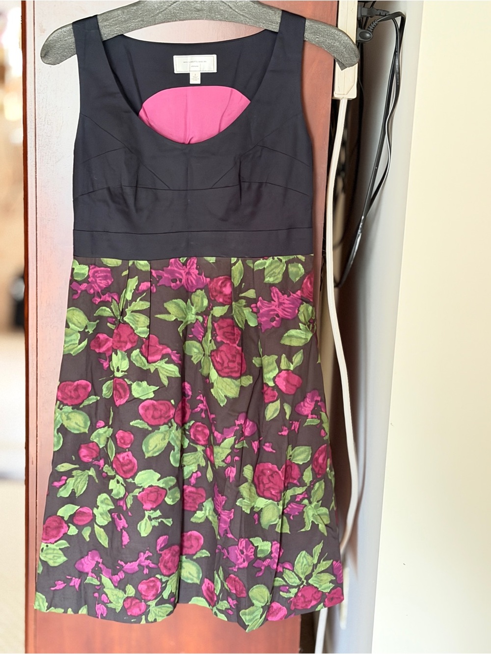 Moulinette Soeurs Black Bodice Pink & Green Floral Midi Dress